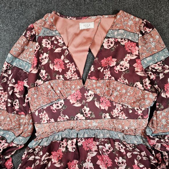 Sage the Label Dress Womens Medium Burgundy Bohemian Cottage Core Prairie Floral - Picture 14 of 16